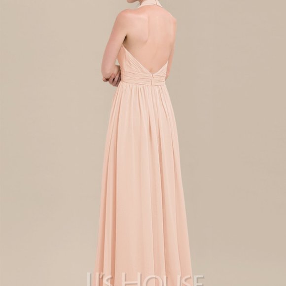 NWOT A-line Halter Floor-Length Chiffon Bridesmaid Dress With Ruffle - Picture 2 of 5